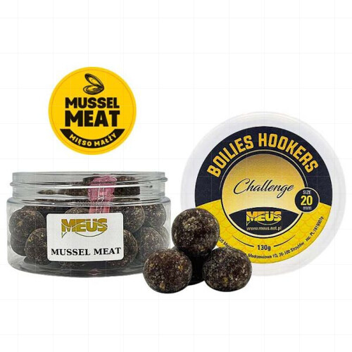 BIG GAME – Hook Boilies Mussel meal 24 mm + Booster (maso ze slávek)